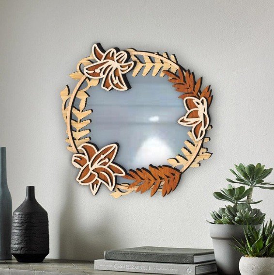 Espejo Decorativo Floral de Madera – Diseño Circular con Corte Láser